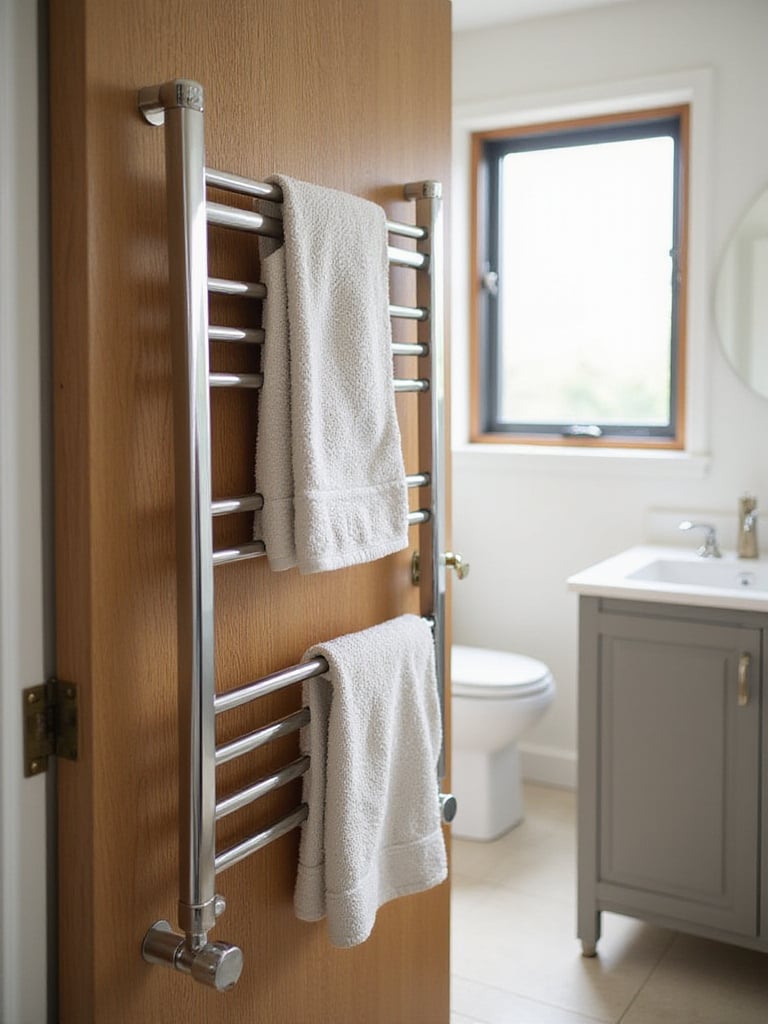 Multi-tier towel bars installed on a bathroom door with neatly hung towels.
