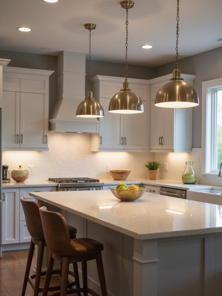 Modern kitchen island with single pendant fixtures providing focused task lighting.
