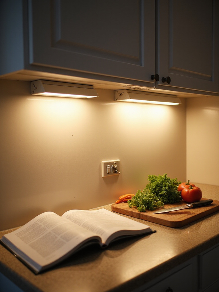 Under-cabinet lighting illuminating a kitchen countertop with fresh ingredients.