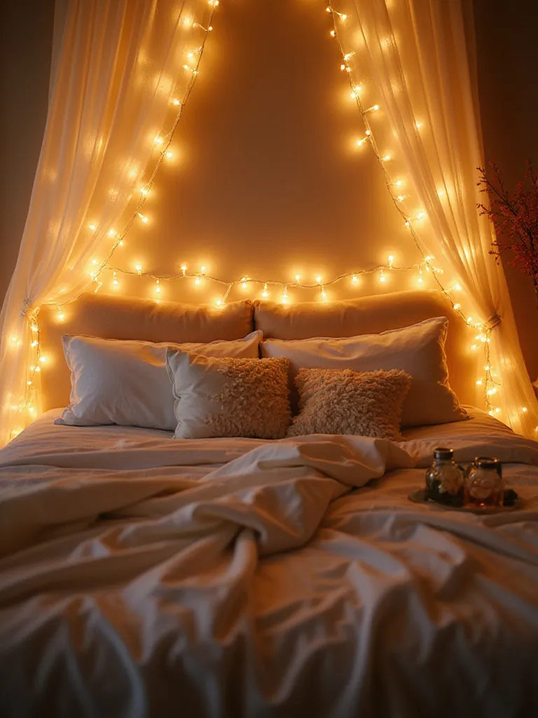 Cozy bedroom illuminated with warm fairy lights