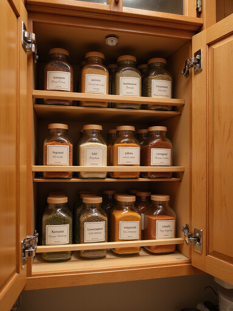 Organized tiered spice rack in a kitchen cabinet with glass jars and labeled spices.