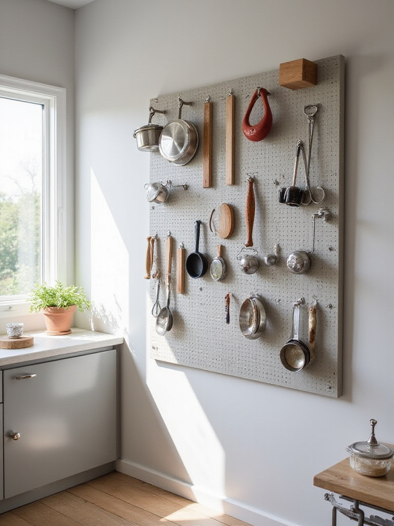 A modern kitchen showcasing a versatile pegboard system with neatly organized kitchen tools.