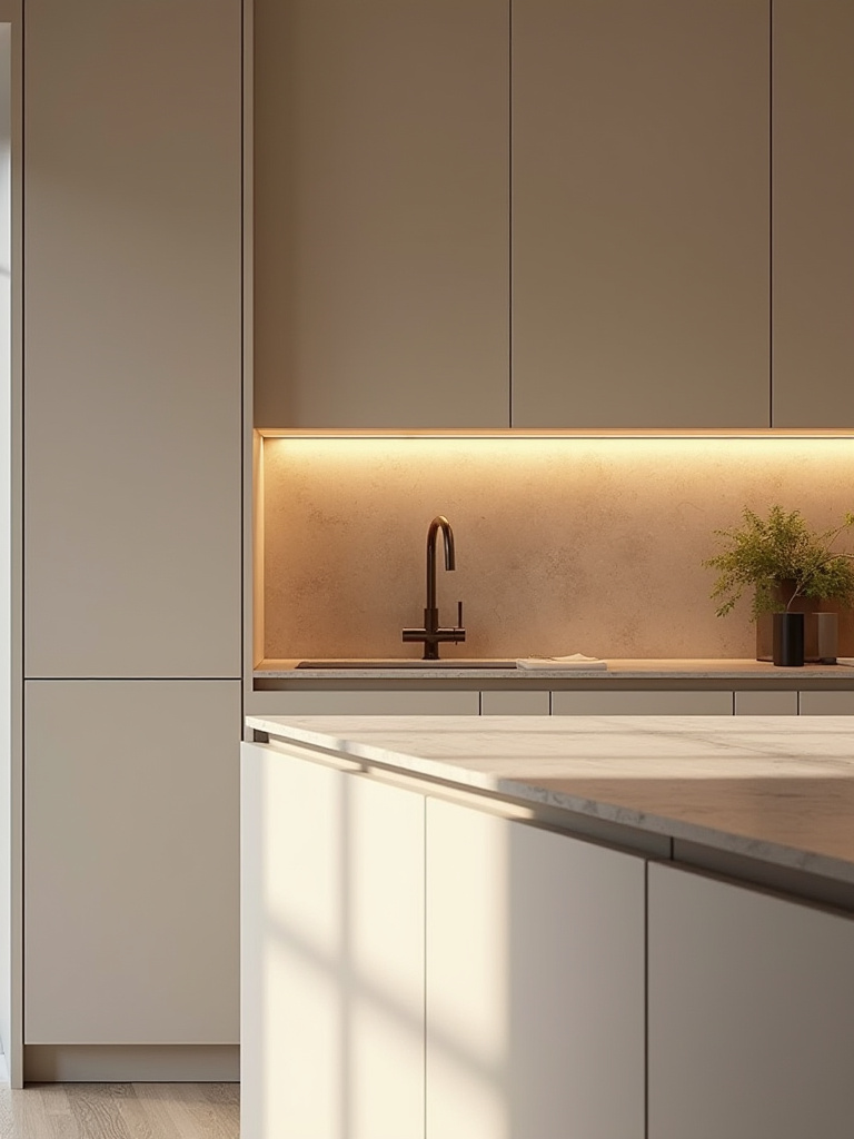 Modern kitchen showcasing handleless cabinetry with sleek lines and a minimalist design.