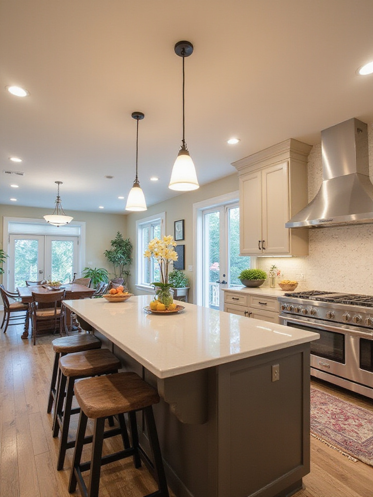 Kitchen with optimal pendant lighting height ensuring clear sightlines