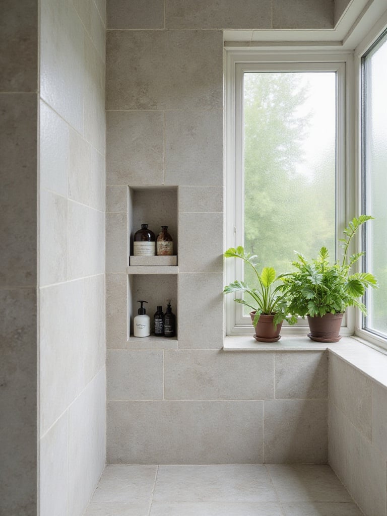 Elegant small bathroom featuring a shower niche with organized toiletries and soft natural lighting.