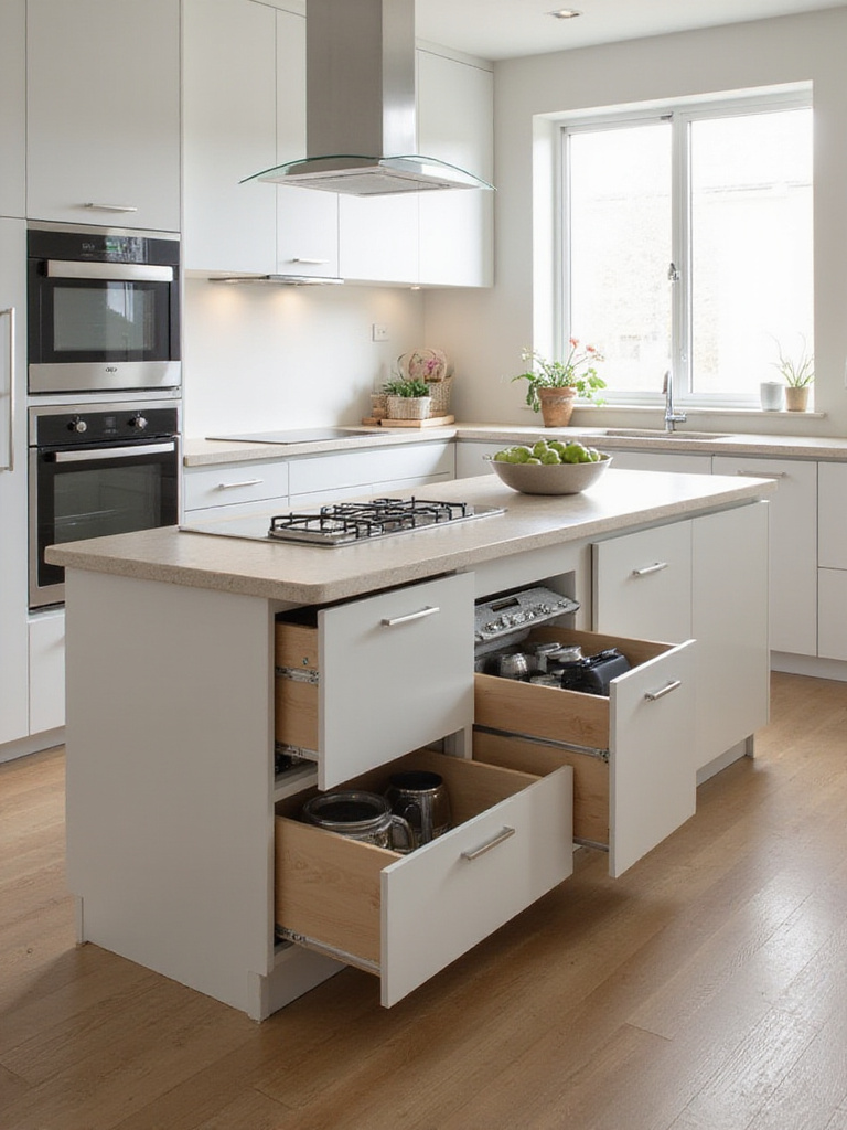 Modern kitchen island featuring smart storage solutions and organized drawers