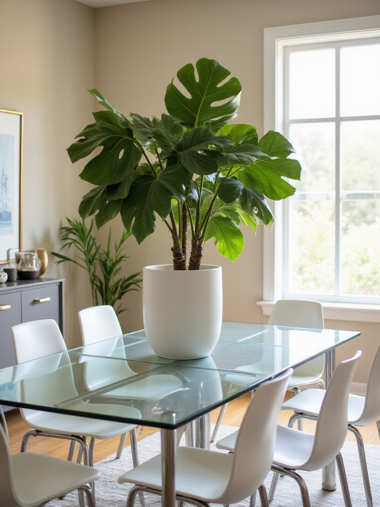 A contemporary dining room with a Fiddle Leaf Fig plant in a white ceramic planter.