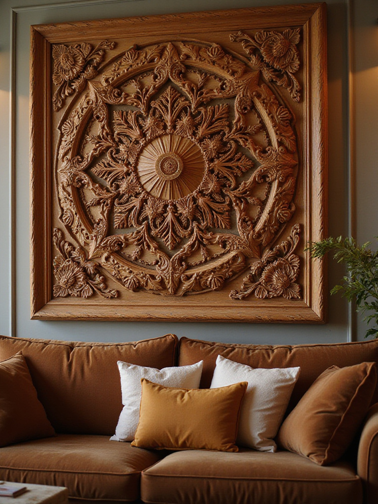A beautifully designed living room featuring an intricately carved wood panel above a plush sofa, showcasing a boho aesthetic.