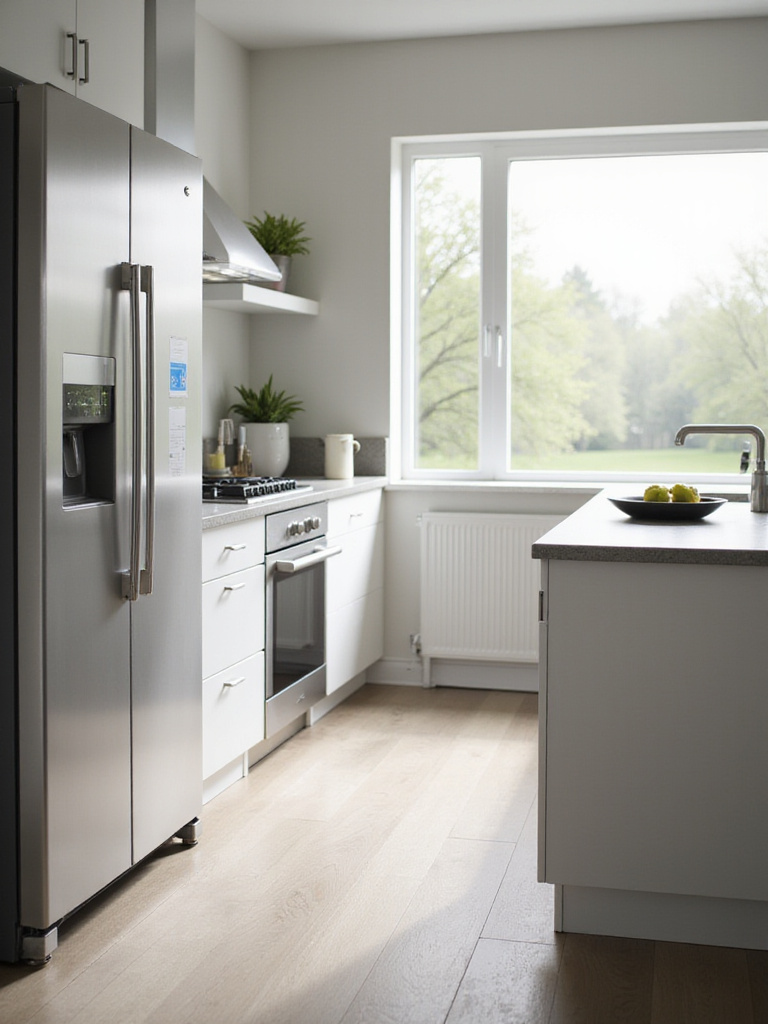 Modern kitchen featuring energy-efficient appliances, including an ENERGY STAR certified refrigerator and induction cooktop.