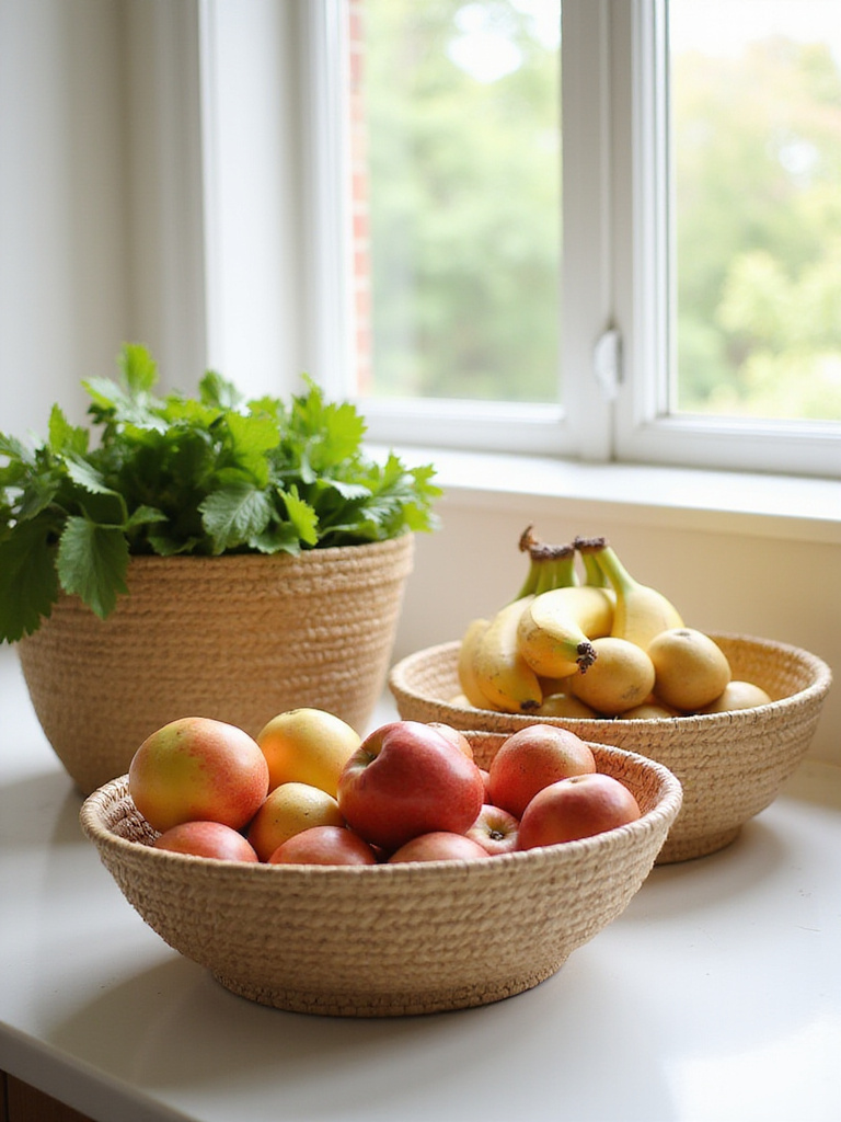 Breathable countertop baskets filled with fresh produce on a kitchen countertop.