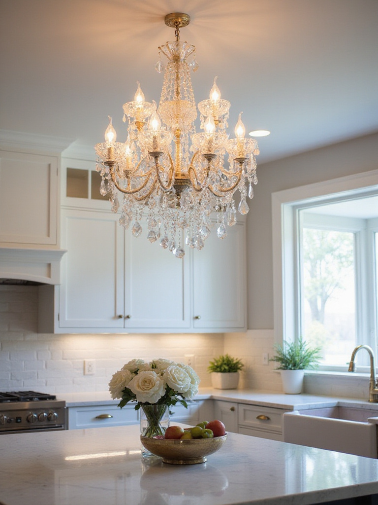 Statement chandelier over a kitchen island casting a warm glow.
