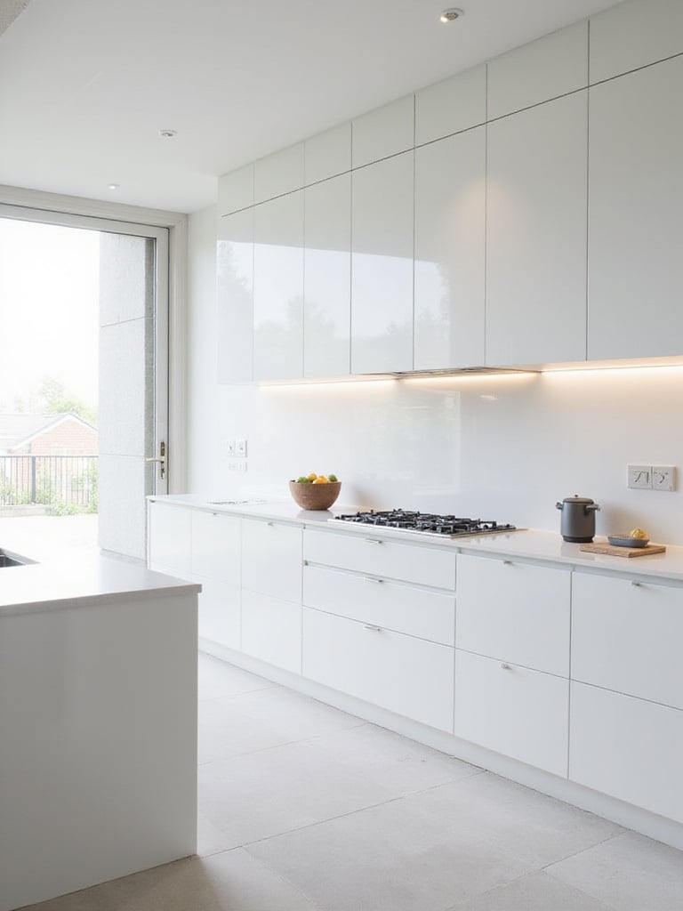 Modern kitchen with full-height white porcelain backsplash tiles extending to the ceiling.