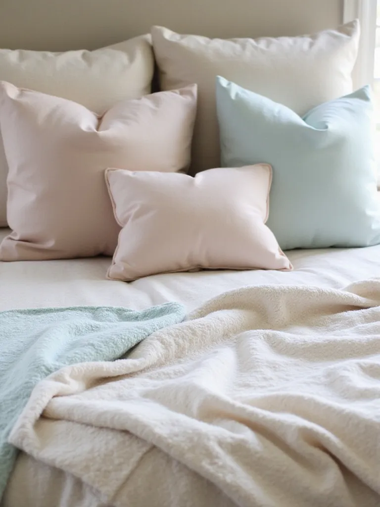 A beautifully styled bed with layers of throw pillows showcasing soft pastels and unique shapes.