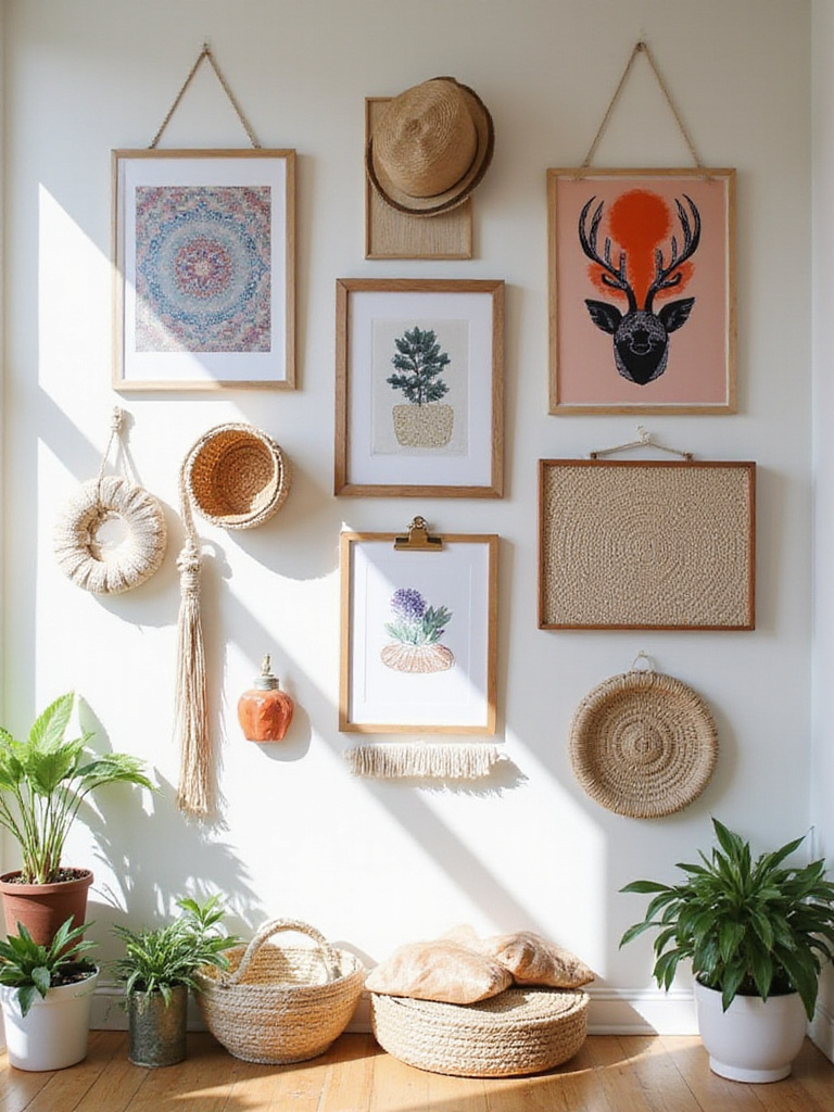 Curated boho gallery wall with diverse decor elements in a cozy living room.
