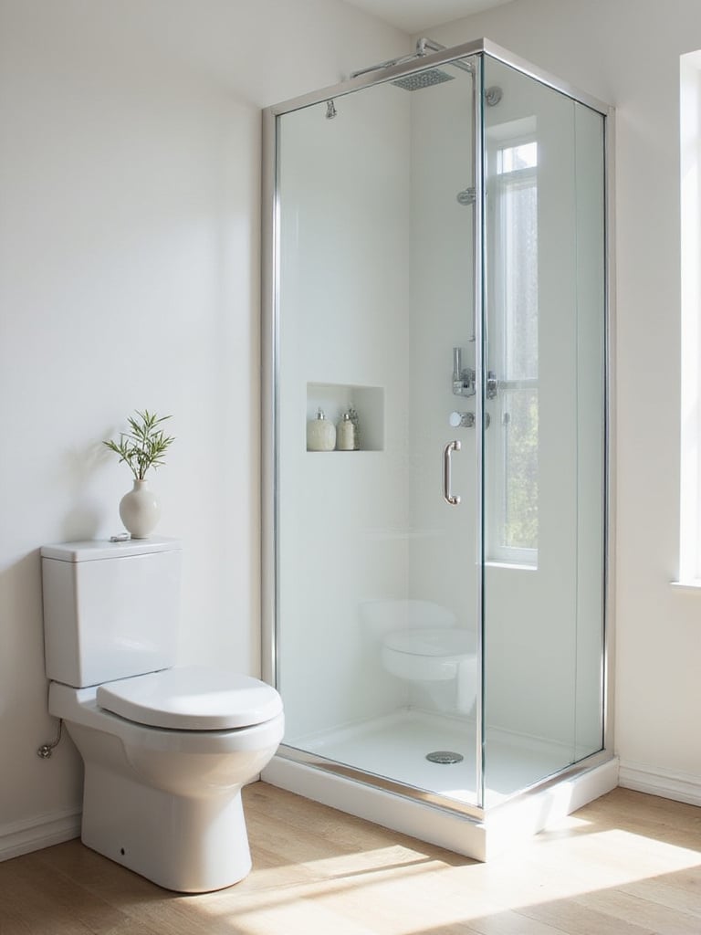 A well-designed small bathroom featuring the three-piece rule with a wall-mounted toilet, corner sink, and modern shower.