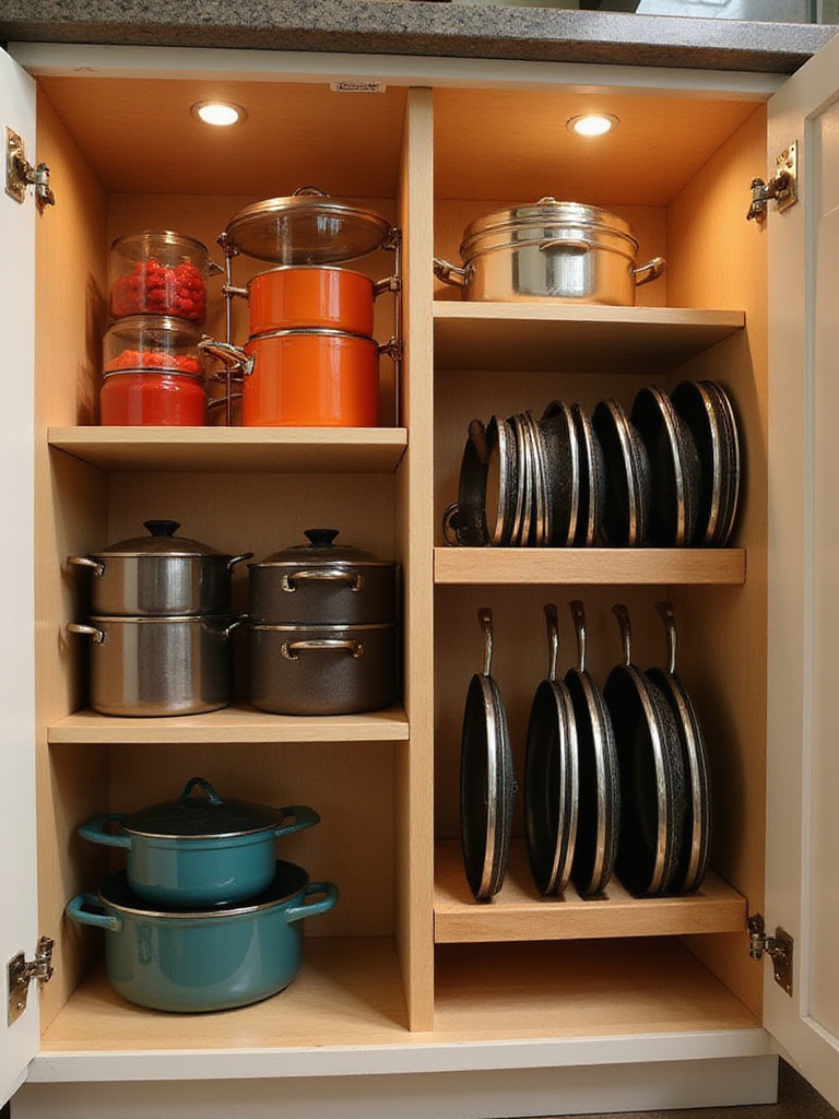 Organized kitchen cabinet with vertical pan organizers displaying pots and pans upright