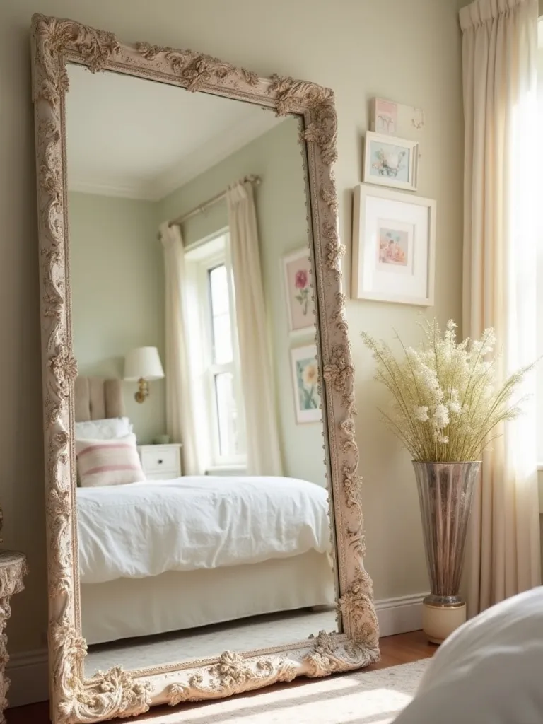 Decorative mirror in a cute bedroom reflecting light and creating a spacious feel.