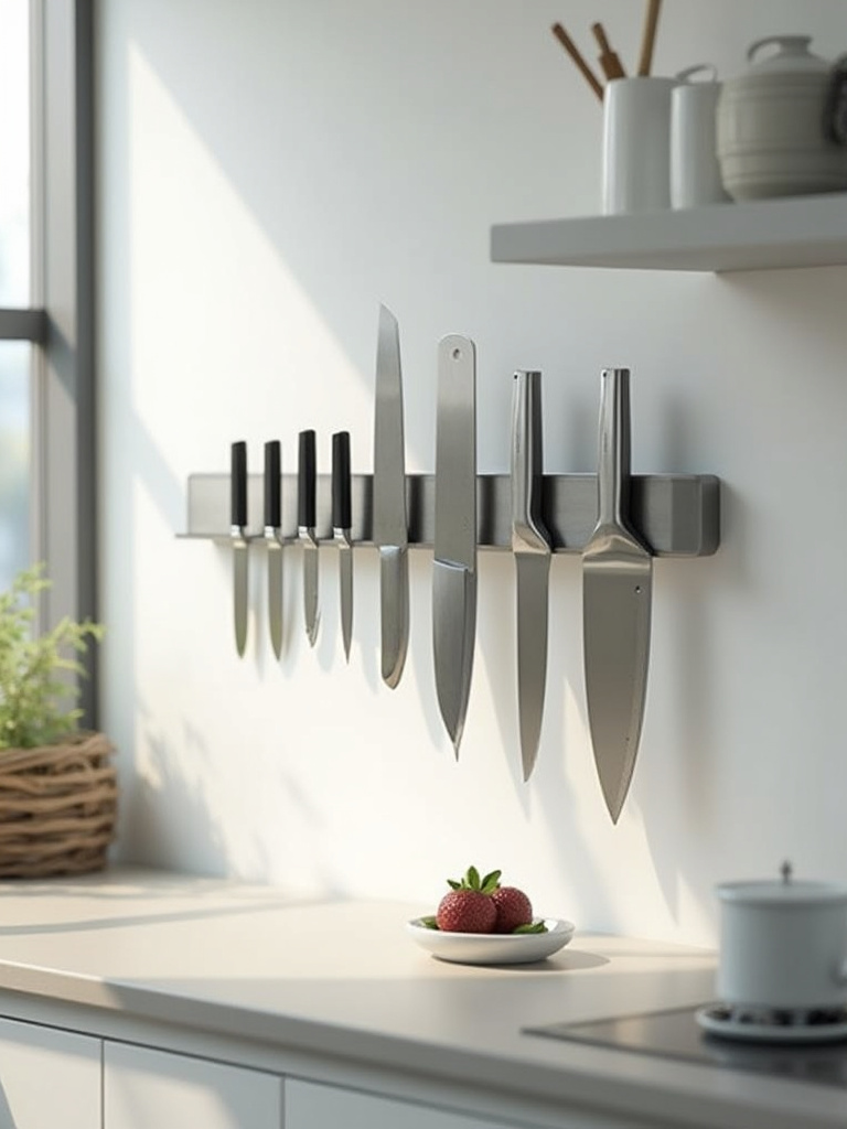 A magnetic knife strip mounted on a kitchen wall, displaying various knives in a modern kitchen setup.