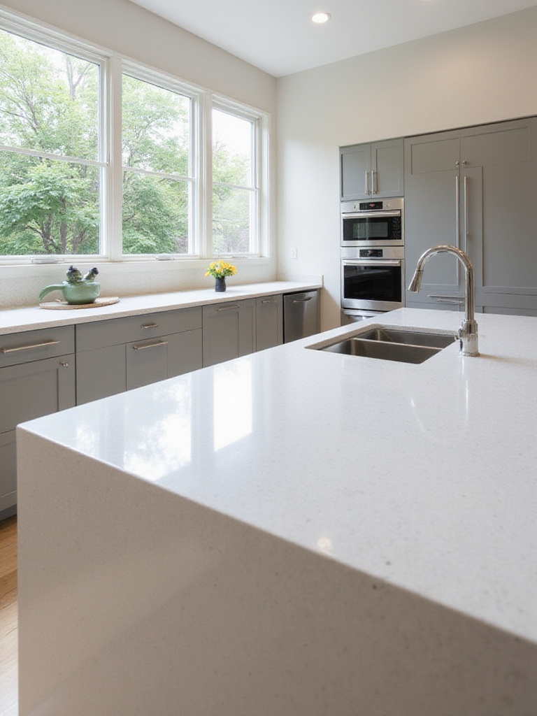 Modern kitchen with durable quartz countertops and natural lighting