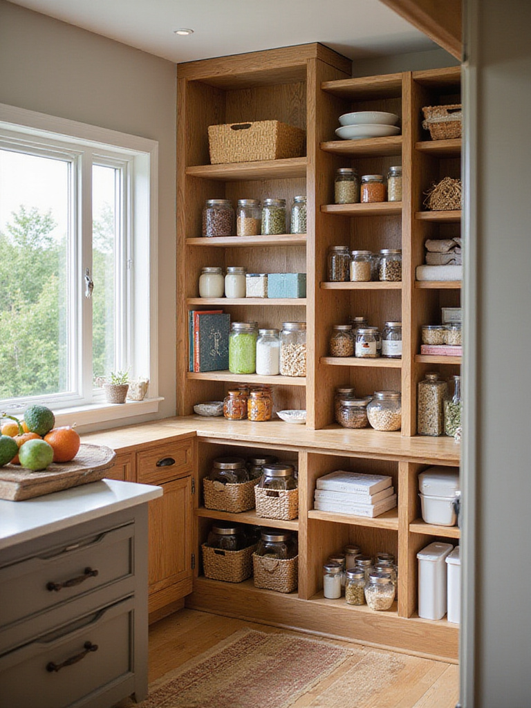 Beautifully organized pantry with customizable shelving systems filled with colorful containers.