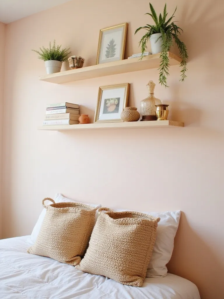 Organized bedroom with chic storage baskets and floating shelves