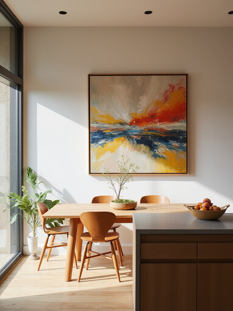 Modern kitchen with personalized decor featuring vibrant art