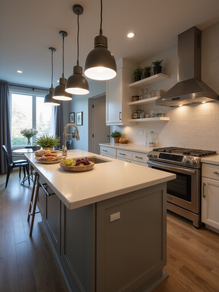 Brightly lit kitchen island with task lighting, showcasing effective lumens for cooking and prep work.