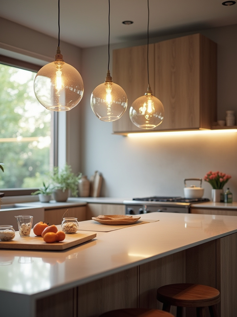 Modern kitchen with clear glass pendant lights illuminating a spacious island.