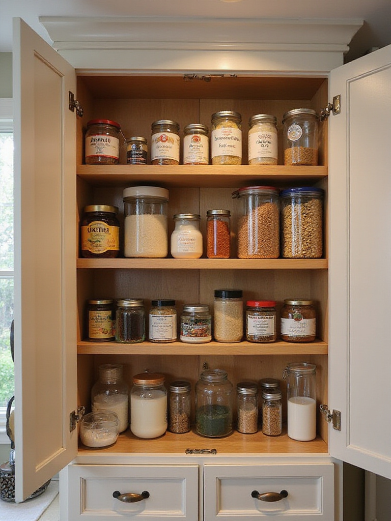 Organized kitchen cabinet with spices and canned goods, illuminated by natural light.