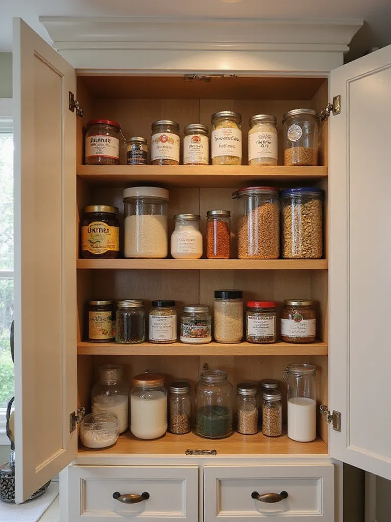 Organized kitchen cabinet with spices and canned goods, illuminated by natural light.