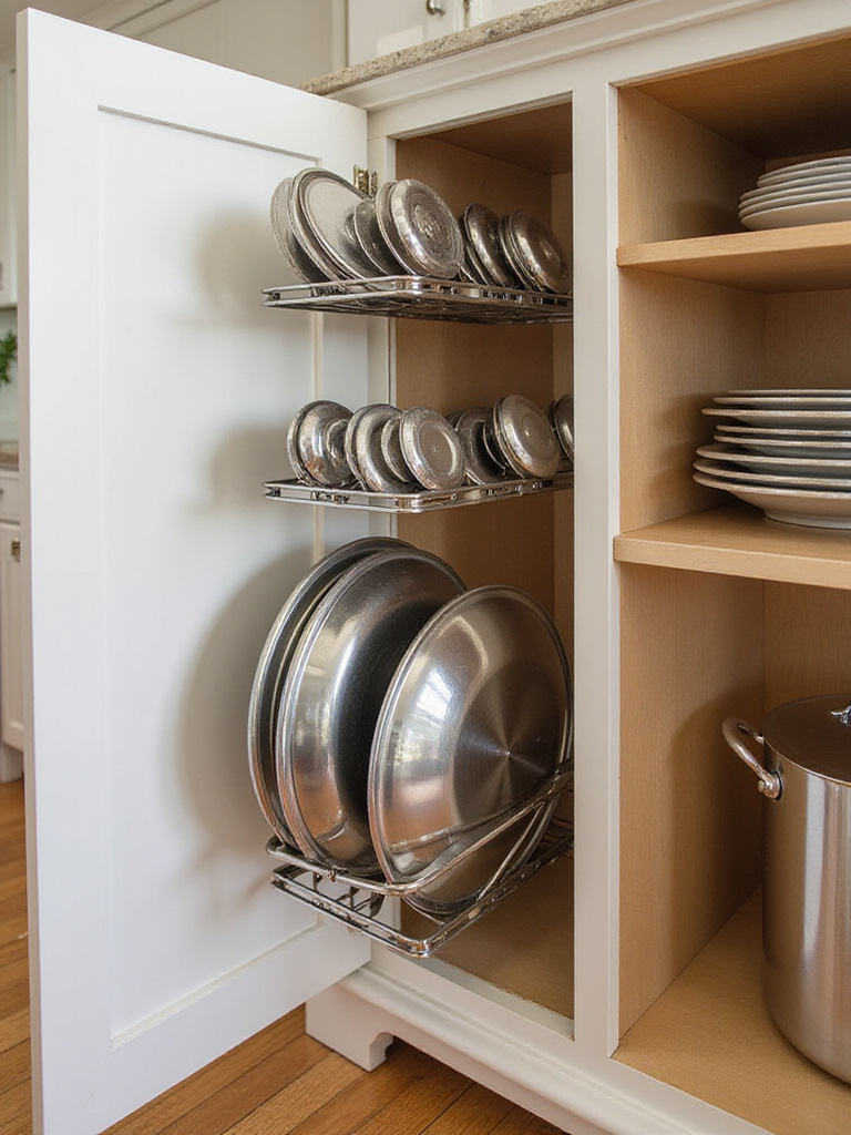 Organized kitchen cabinet with inside-door pot lid organizers
