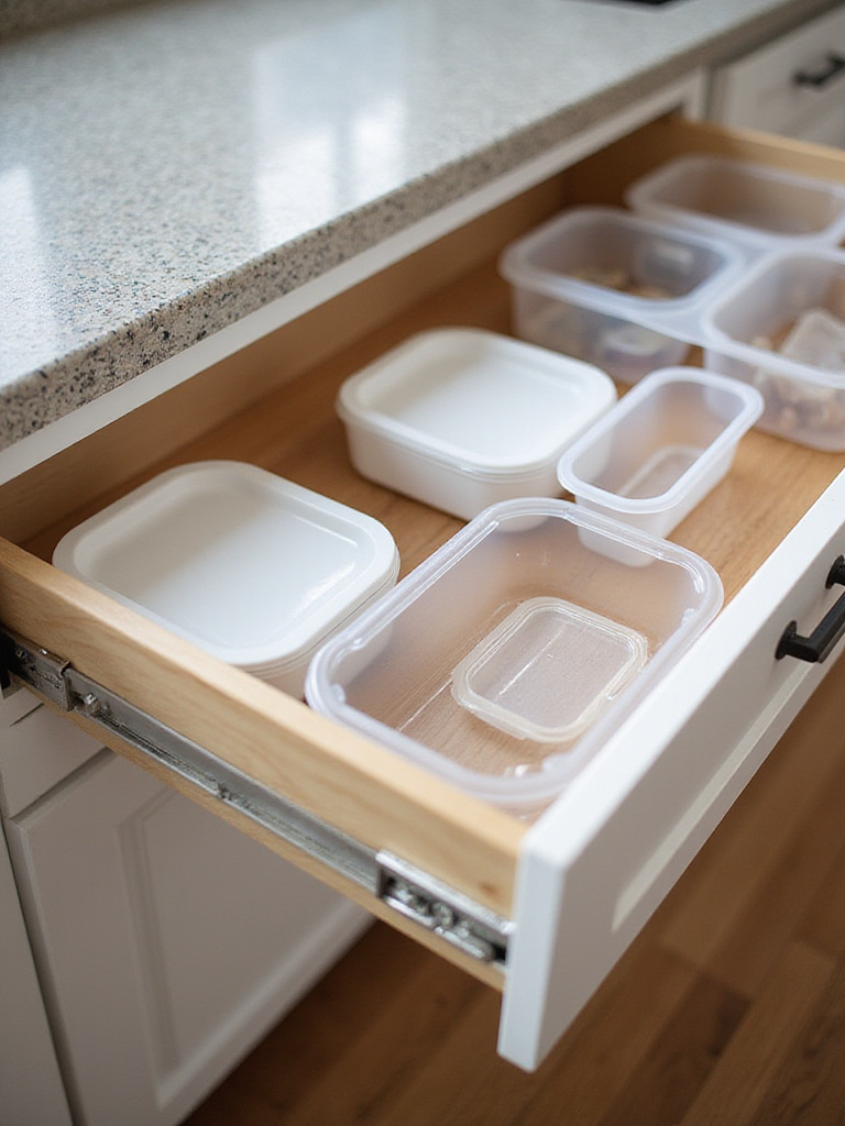 Organized kitchen drawer with segmented bins for food containers