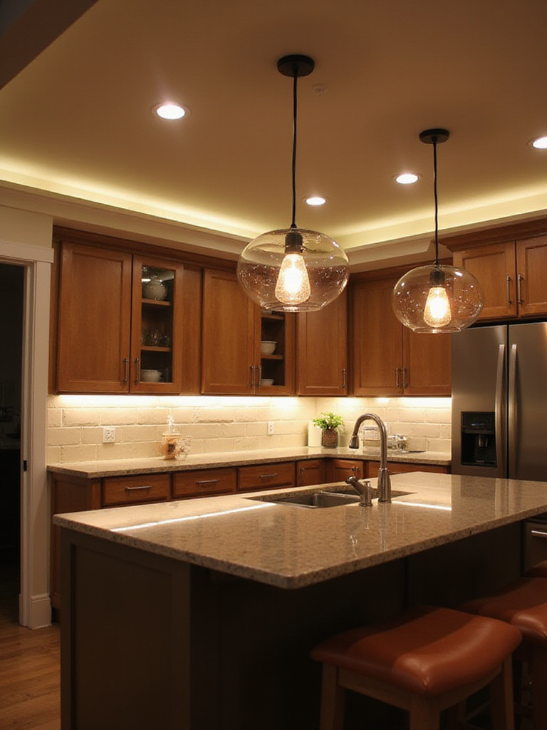 A beautifully designed kitchen with layered lighting including recessed ceiling lights, under-cabinet LED strips, and pendant lights over the island.