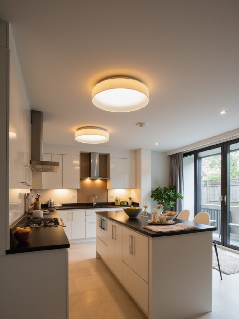 Modern kitchen with flush mount lighting above an island, showcasing a low ceiling design.