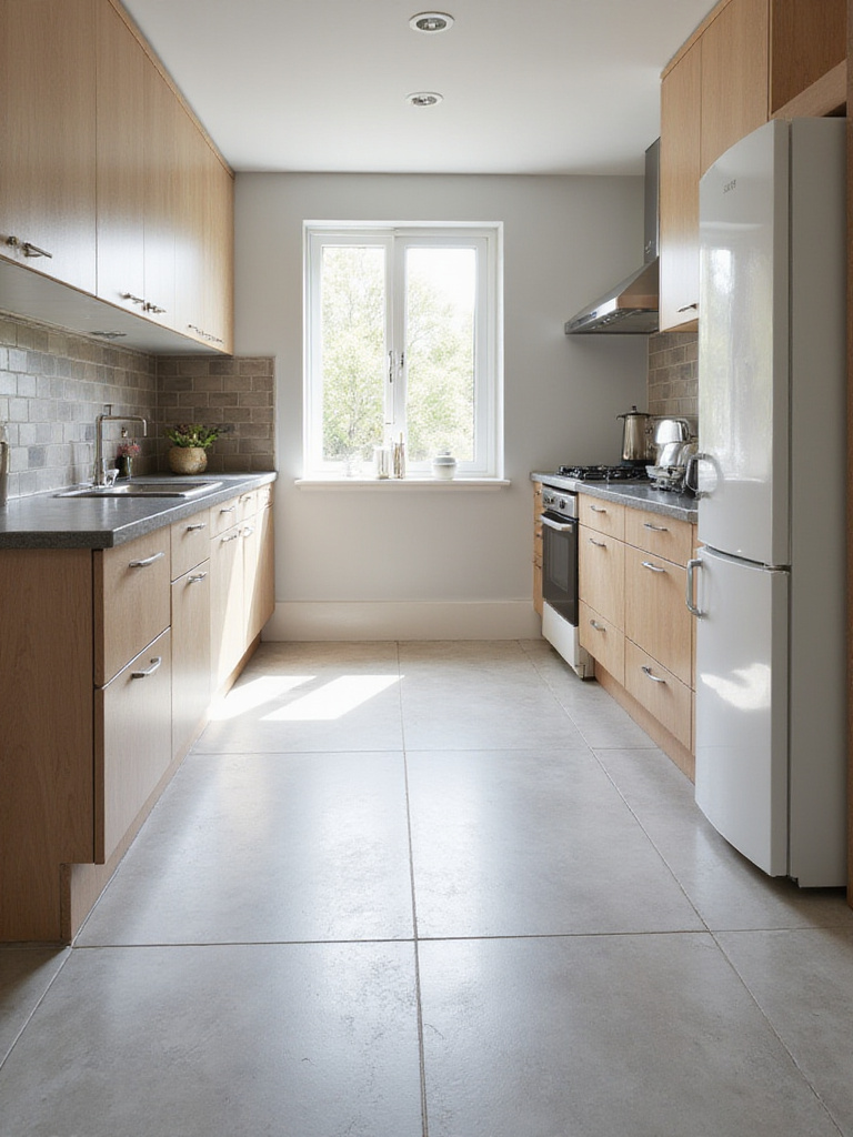 A small kitchen with large format porcelain tiles, emphasizing space and modern design.