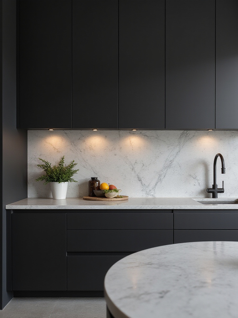 Modern kitchen with matte black cabinetry and honed marble countertop