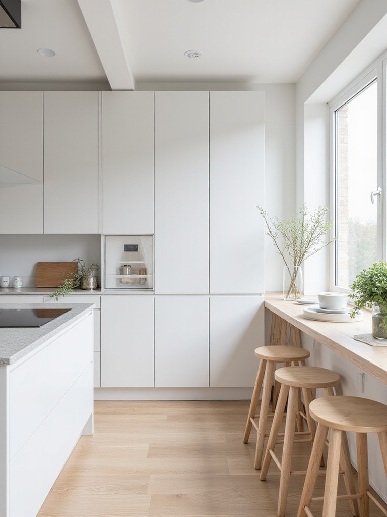 Modern kitchen with cohesive color palette of whites, greys, and natural wood tones.