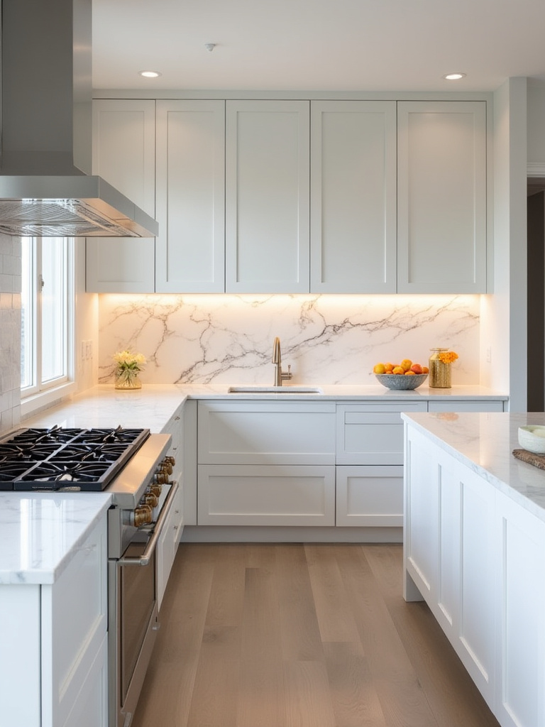 Modern kitchen with a Calacatta marble backsplash