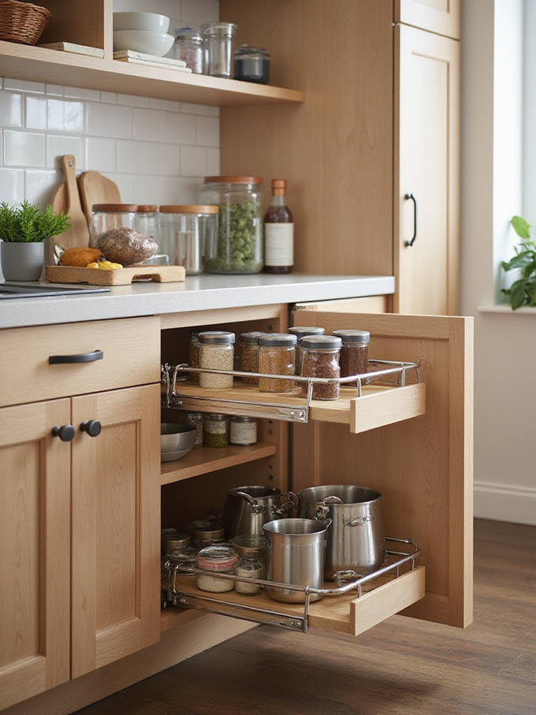 Contemporary kitchen featuring innovative smart pull-out storage solutions