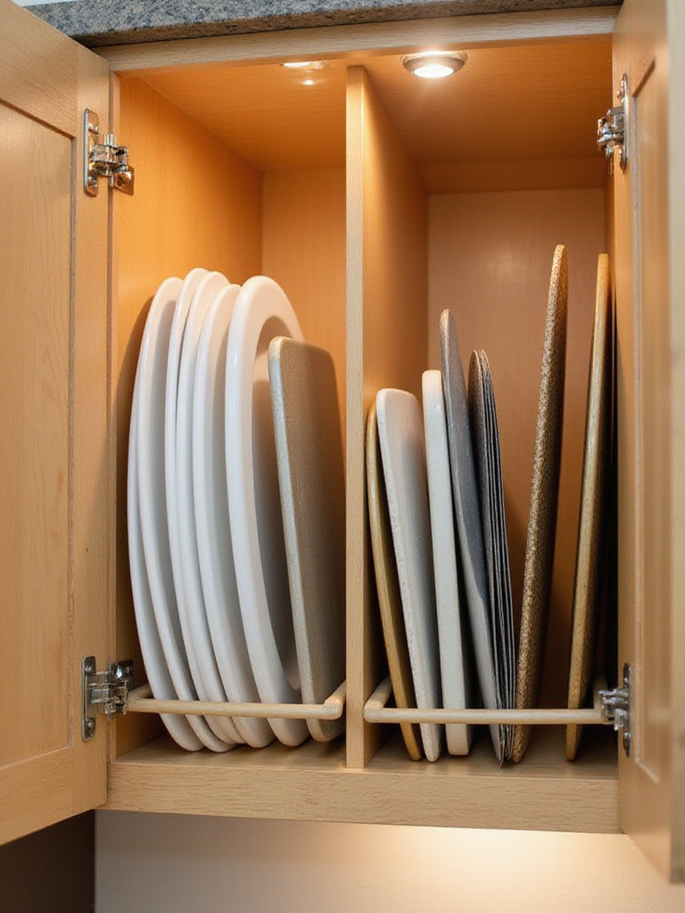 Organized kitchen cabinet with slim dividers storing baking sheets vertically.