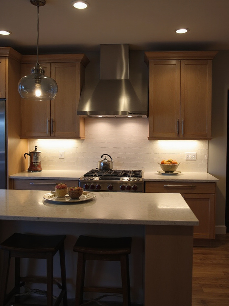 Contemporary kitchen with strategic under-cabinet lighting illuminating the countertop.