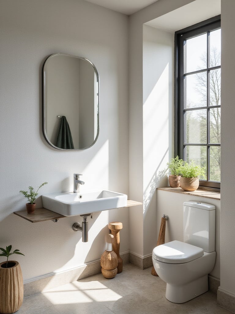 A small bathroom with a large frameless mirror reflecting light and creating a spacious illusion
