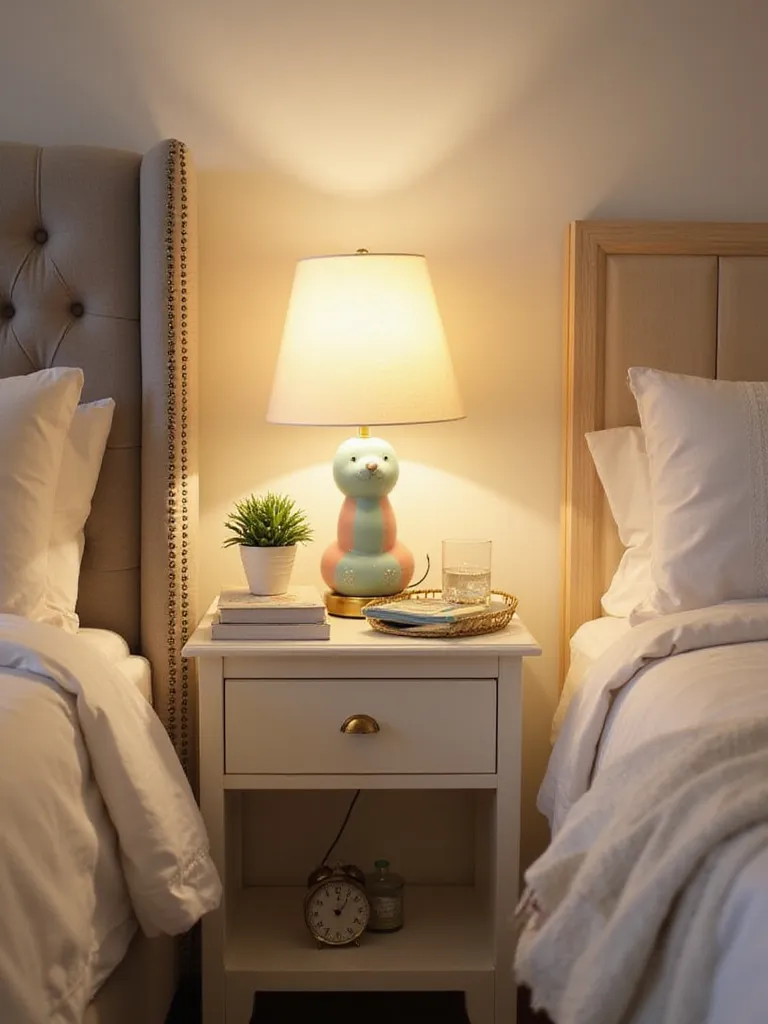 Styled nightstand with pastel lamp, succulent, and decorative tray