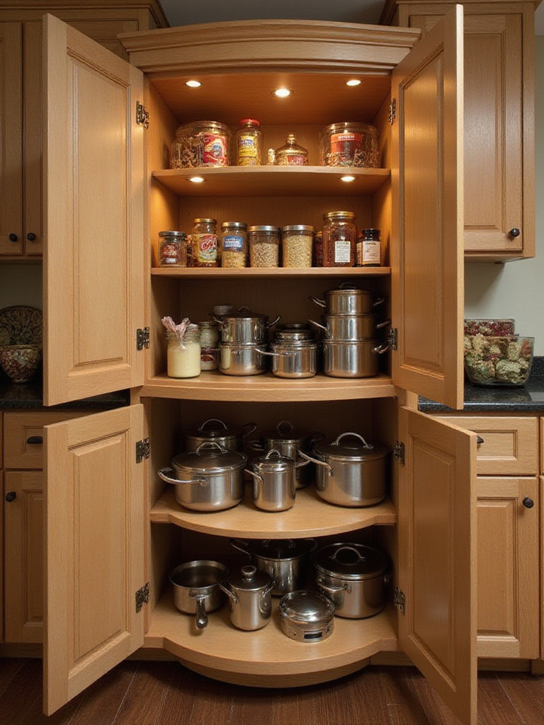 Organized corner cabinet with Lazy Susan turntables showcasing kitchen storage