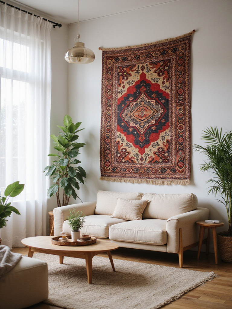 Living room with vintage Kilim rug as wall art