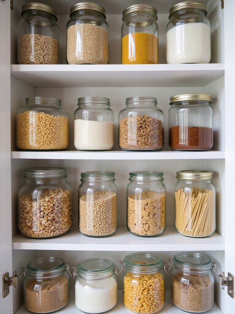 Organized pantry with upcycled glass jars filled with bulk food items