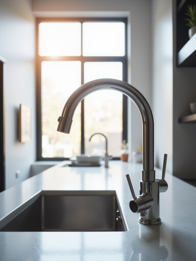 Modern kitchen featuring a stylish smart faucet with motion sensor in a well-lit environment.