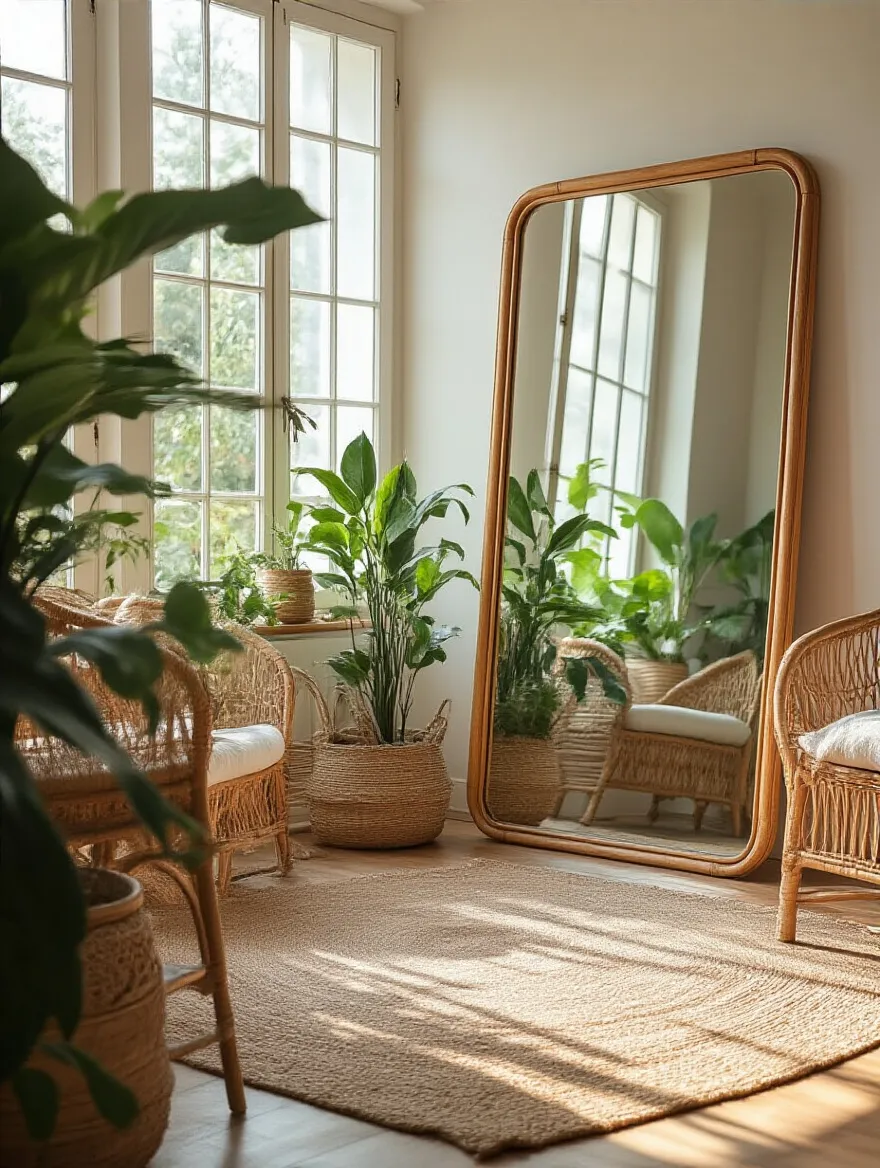 Boho living room with decorative mirrors arranged to enhance light and space