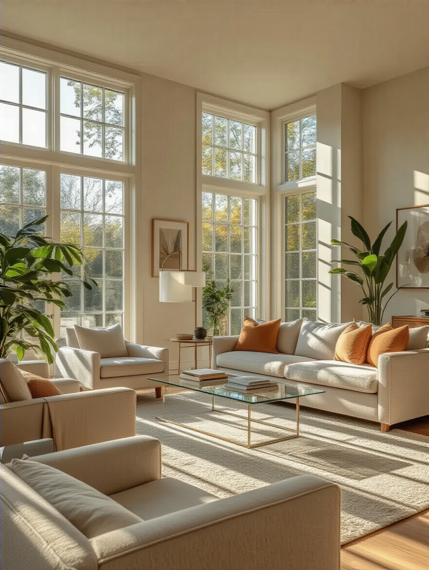 Living room interior showing furniture arranged strategically based on natural light and room orientation with sunlight streaming through large windows