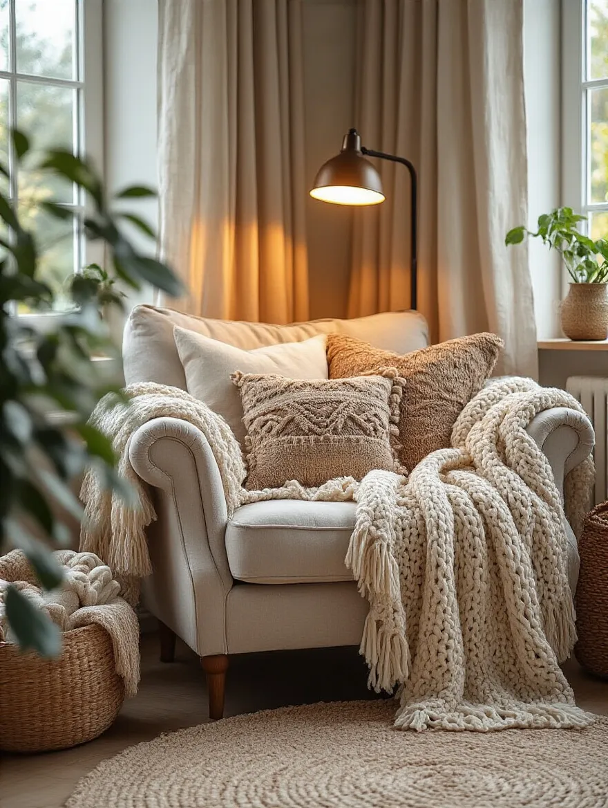 Cozy reading nook in a boho living room with a plush armchair and warm lighting.